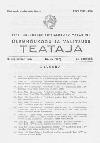 Eesti Nõukogude Sotsialistliku Vabariigi Ülemnõukogu ja Valitsuse Teataja ; 29 (907) 1989-09-08