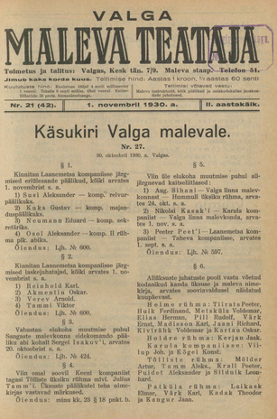 Valga Maleva Teataja ; 21 (42) 1930-11-01