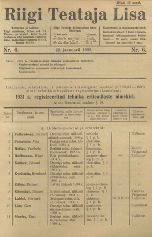 Riigi Teataja Lisa : seaduste alustel avaldatud teadaanded ; 6 1932-01-22