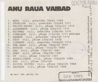 Anu Raua vaibad : Põlva Kaubanduskeskuses 17.IV-18.V 1984. a. : näituse nimekiri