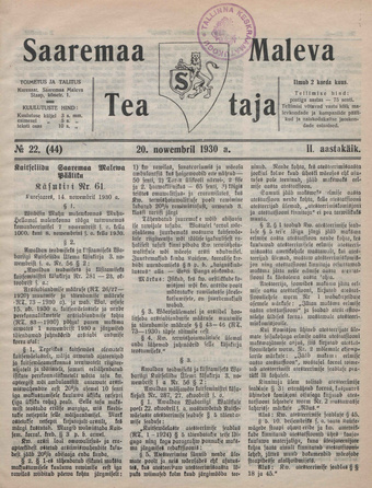 Saaremaa Maleva Teataja ; 22 (44) 1930-11-20