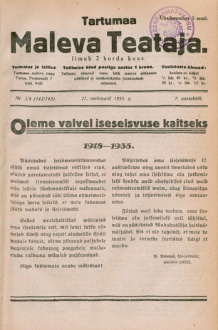 Tartumaa Maleva Teataja ; 3/4 (142/143) 1935-02-21