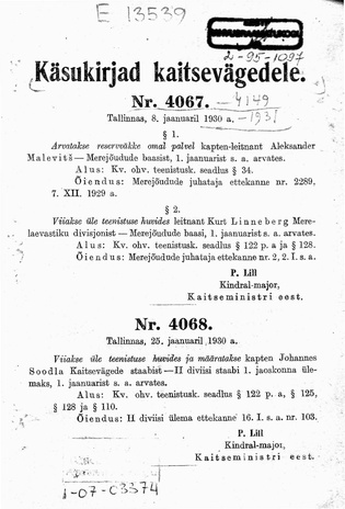 Käsukirjad kaitsevägedele : 1930 : nr. 4067-4147 : 3. veebr. - 31. dets.