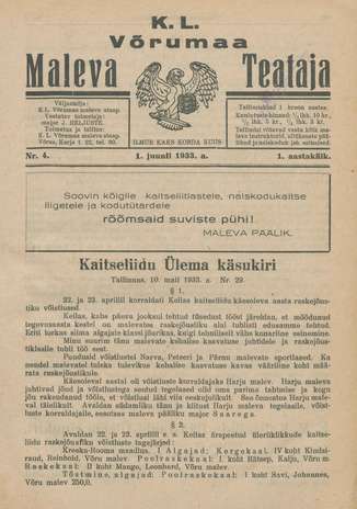 K. L. Võrumaa Maleva Teataja ; 4 1933-06-01