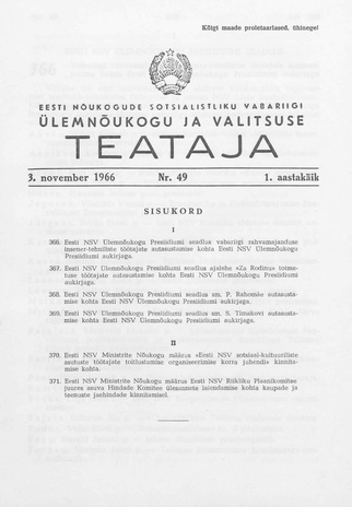 Eesti Nõukogude Sotsialistliku Vabariigi Ülemnõukogu ja Valitsuse Teataja ; 49 1966-11-03
