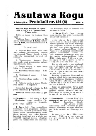 Asutawa Kogu protokoll nr.125 (6) (27. aprill 1920)