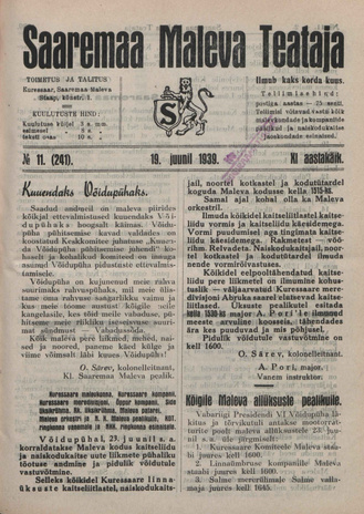 Saaremaa Maleva Teataja ; 11 (241) 1939-06-19