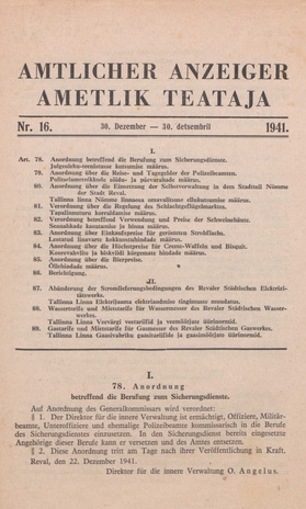Ametlik Teataja. I/II osa = Amtlicher Anzeiger. I/II Teil ; 16 1941-12-30