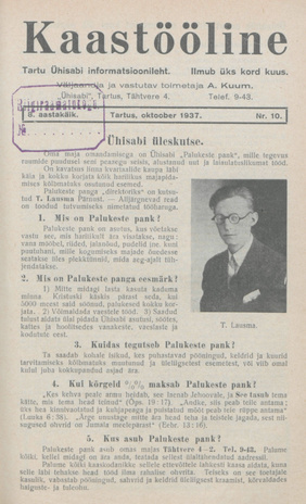 Kaastööline : Tartu Ühisabi Informatsioonileht ; 10 1937-10-01