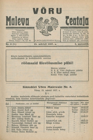 Võru Maleva Teataja ; 6 (91) 1937-03-15