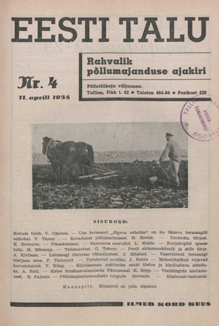 Eesti Talu : rahvalik põllumajanduse ajakiri ; 4 1938-04-11