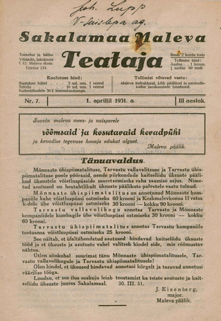 Sakalamaa Maleva Teataja ; 7 1931-04-01