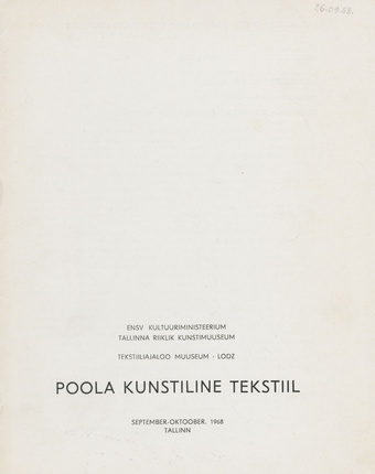 Näitus "Poola kunstiline tekstiil" Tallinnas september-oktoober 1968 : kataloog 