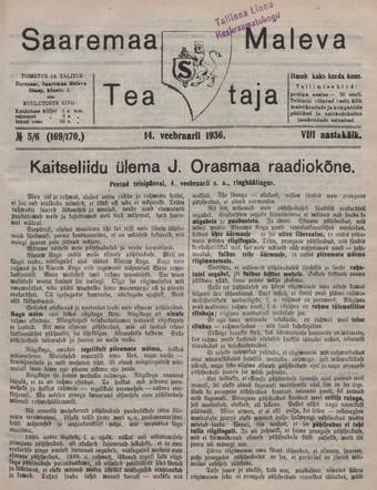 Saaremaa Maleva Teataja ; 5/6 (169/170) 1936-02-14