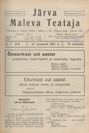 Järva Maleva Teataja ; 1 (70) 1932-01-16