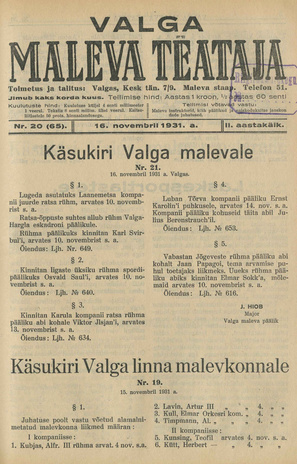 Valga Maleva Teataja ; 20 (65) 1931-11-16
