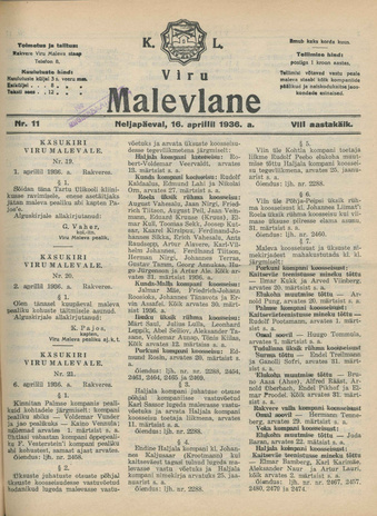 K. L. Viru Malevlane ; 11 1936-04-16