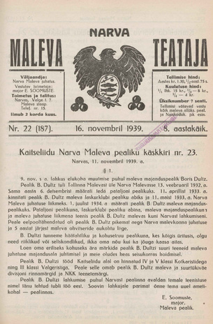 Narva Maleva Teataja ; 22 (187) 1939-11-16