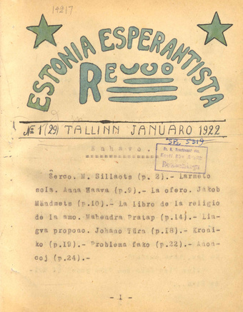 Estonia Esperantista Revuo ; 1 (29) 1922-01