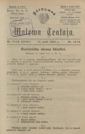 Pärnumaa Maleva Teataja ; 13-14 (65-66) 1931-07-15