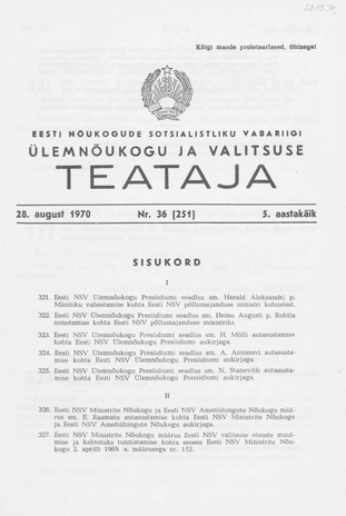 Eesti Nõukogude Sotsialistliku Vabariigi Ülemnõukogu ja Valitsuse Teataja ; 36 (251) 1970-08-28