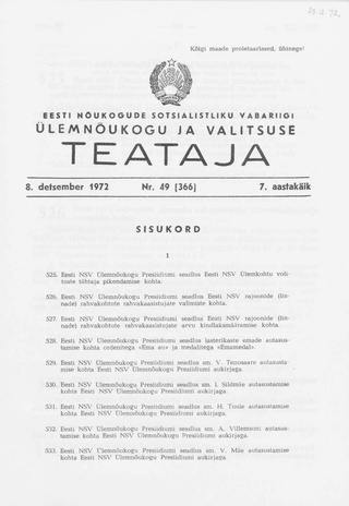 Eesti Nõukogude Sotsialistliku Vabariigi Ülemnõukogu ja Valitsuse Teataja ; 49 (366) 1972-12-08