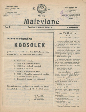 K. L. Viru Malevlane ; 8 1938-04-01