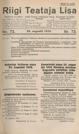 Riigi Teataja Lisa : seaduste alustel avaldatud teadaanded ; 72 1939-08-29