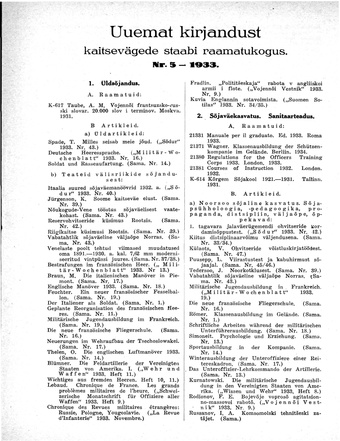 Uuemat Kirjandust Kaitsevägede Staabi raamatukogus ; 5 1933