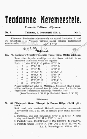 Teadaanne Meremeestele : Veeteede Talituse väljaanne ; 3 1939-12-06