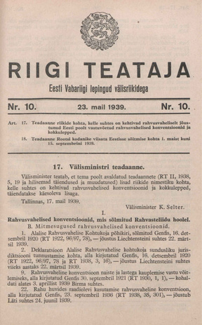 Riigi Teataja. Eesti Vabariigi lepingud välisriikidega ; 10 1939-05-23