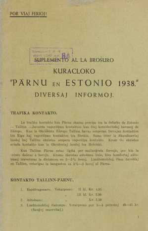 Suplemento al la broŝuro kuracloko "Pärnu en Estonio 1938" : diversaj informoj