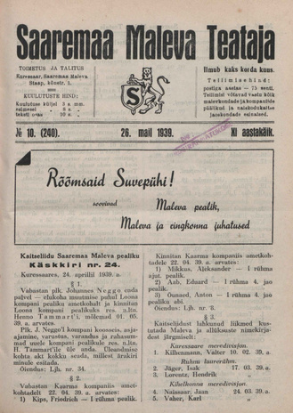 Saaremaa Maleva Teataja ; 10 (240) 1939-05-26