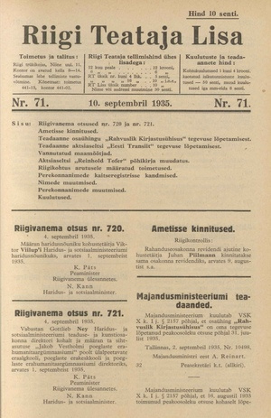 Riigi Teataja Lisa : seaduste alustel avaldatud teadaanded ; 71 1935-09-10