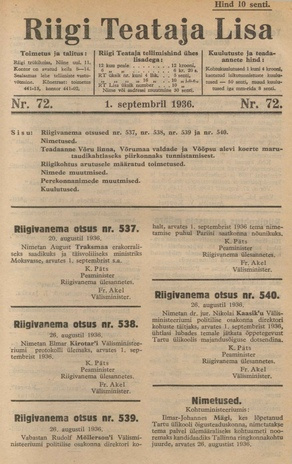 Riigi Teataja Lisa : seaduste alustel avaldatud teadaanded ; 72 1936-09-01