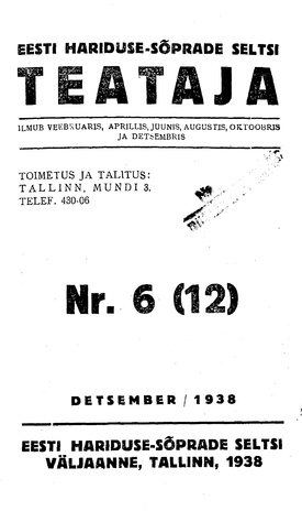 Eesti Haridussõprade Seltsi Teataja ; 6 (12) 1938-12