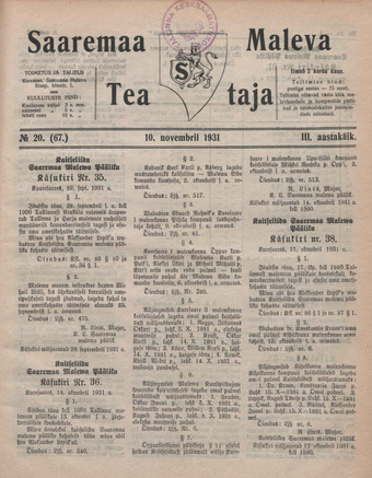 Saaremaa Maleva Teataja ; 20 (67) 1931-11-10