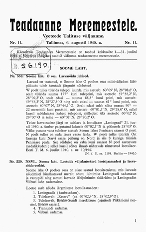 Teadaanne Meremeestele : Veeteede Talituse väljaanne ; 11 1940-08-06