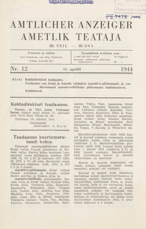 Ametlik Teataja. III osa = Amtlicher Anzeiger. III Teil ; 12 1944-04-11