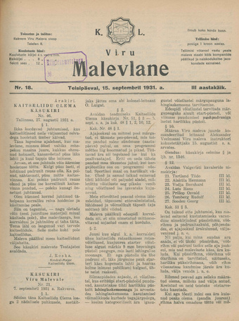 K. L. Viru Malevlane ; 18 1931-09-15