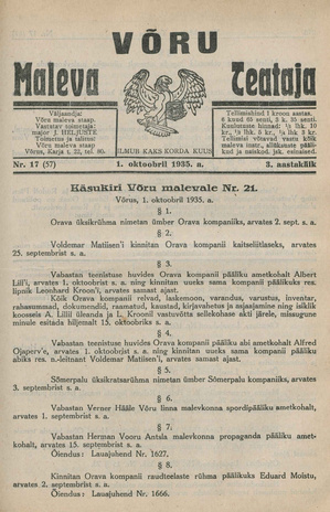 Võru Maleva Teataja ; 17 (57) 1935-10-01