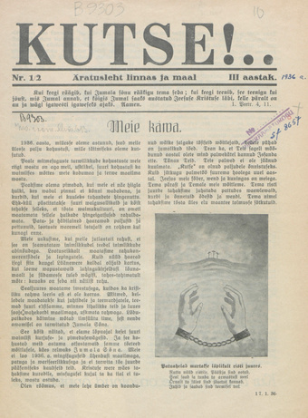 Kutse! : äratusleht linnas ja maal ; 1-2 1936-01-17
