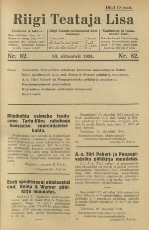 Riigi Teataja Lisa : seaduste alustel avaldatud teadaanded ; 82 1934-10-30
