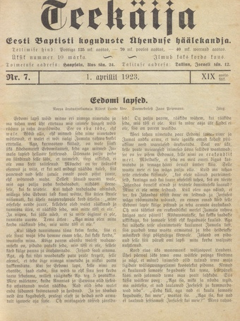Teekäija : Eesti Baptisti Koguduse Ühenduse häälekandja ; 7 1923-04-01