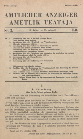 Ametlik Teataja. I/II osa = Amtlicher Anzeiger. I/II Teil ; 2 1941-10-18