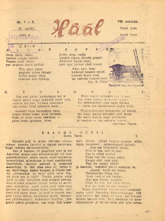 Hääl : kunsti, teaduse ja belletristika kuukiri ; 7-8 1940-04-27
