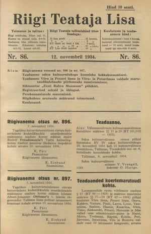 Riigi Teataja Lisa : seaduste alustel avaldatud teadaanded ; 86 1934-11-12