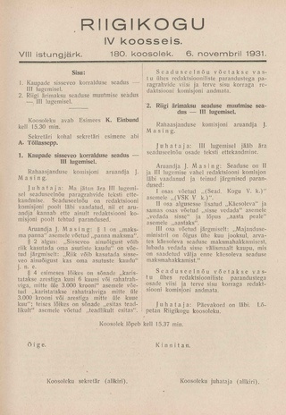 Riigikogu IV koosseis : täielikud protokollid : VIII istungjärk : protokoll nr. 180