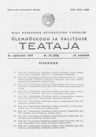 Eesti Nõukogude Sotsialistliku Vabariigi Ülemnõukogu ja Valitsuse Teataja ; 30 (908) 1989-09-26