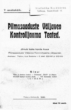 Piimasaaduste Väljaveo Kontrolljaama Teated ; 3 1930-02